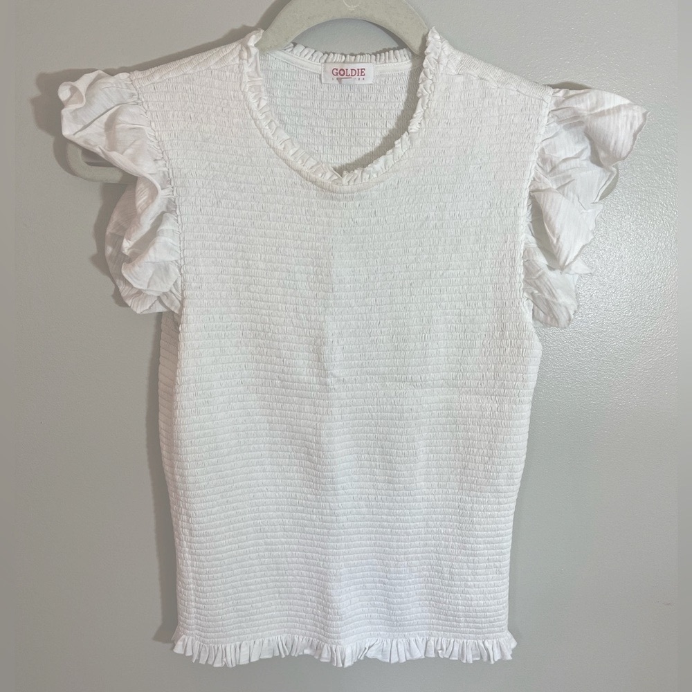 Goldie White Cotton Ruffle Sleeve Ruched V-Neck Women’s T Shirt Top Size XS
